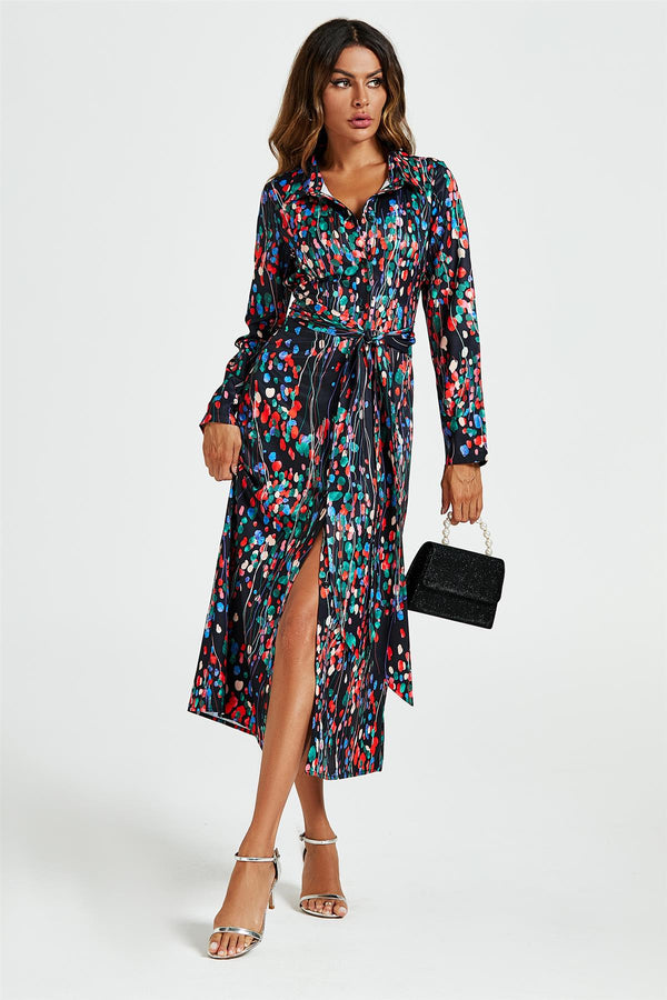 Abstract Floral Print Shirt Midi Wrap Dress In Black
