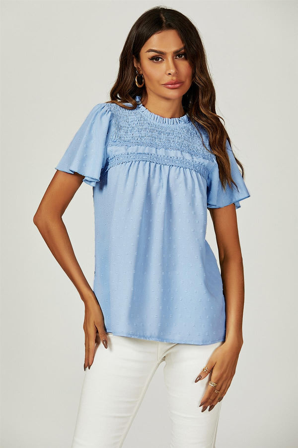 Lace Detail Short Sleeve Blouse Top In Blue