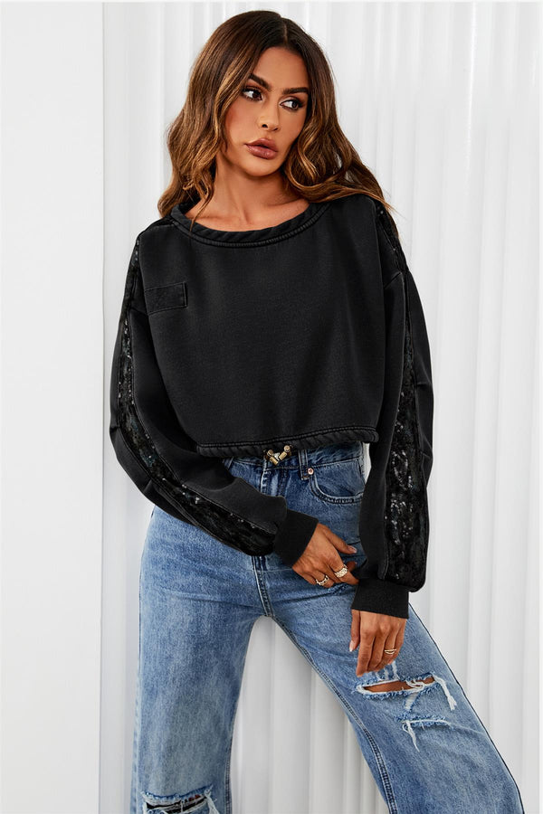 Oversized Sequin Detail Cropped Sweatshirt In Black