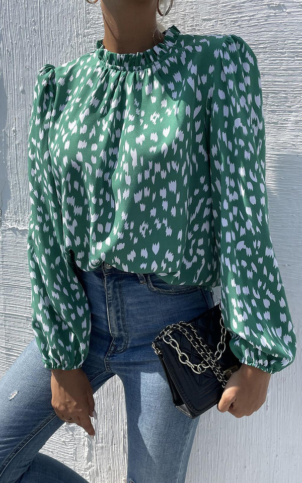 Animal Print Frill Detail High Neck Top In Green