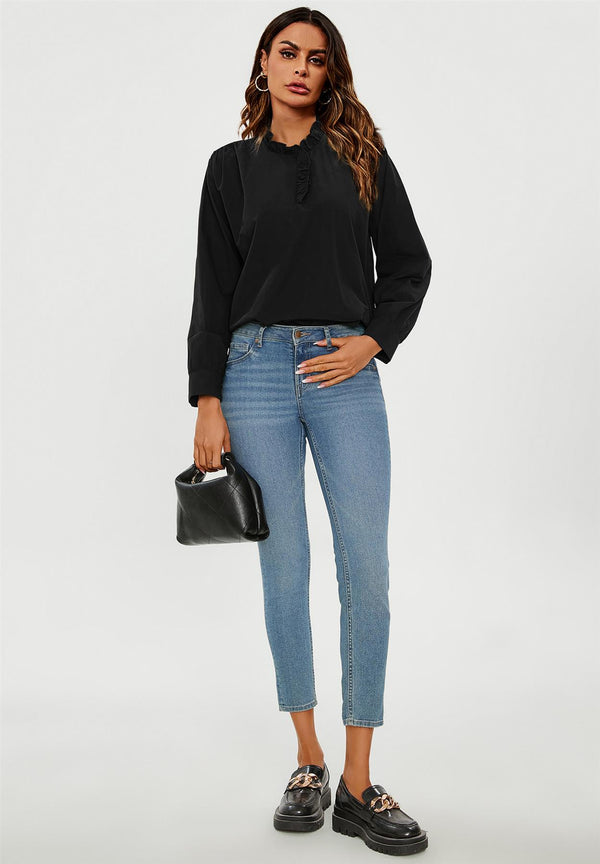 Cotton Frill High Neck Long Sleeve Blouse In Black