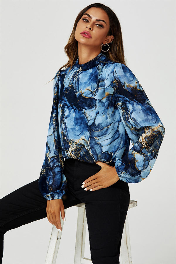 Marble Print Long Sleeve High Neck Top In Navy