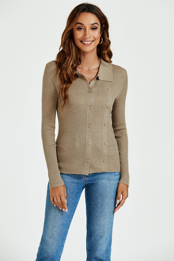 Morgan Collar Double Breasted Knit Top In Beige