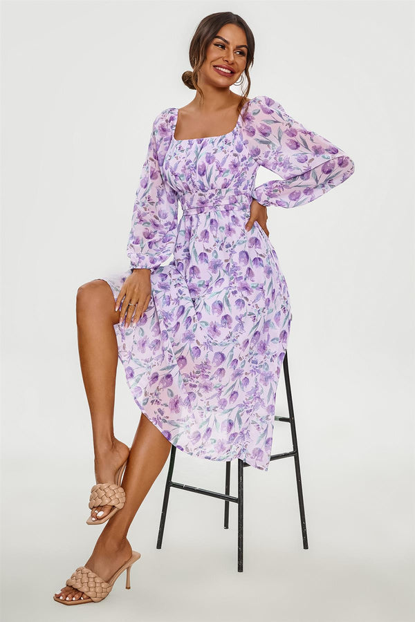 Floral Print Long Sleeve Maxi Dress In Purple