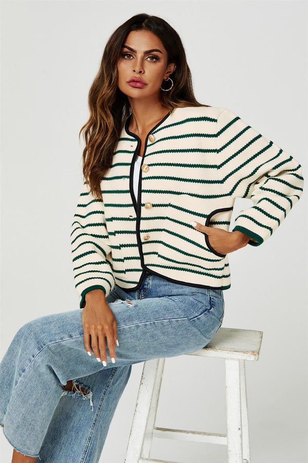 Striped Pattern Knitted Cardigan In Green