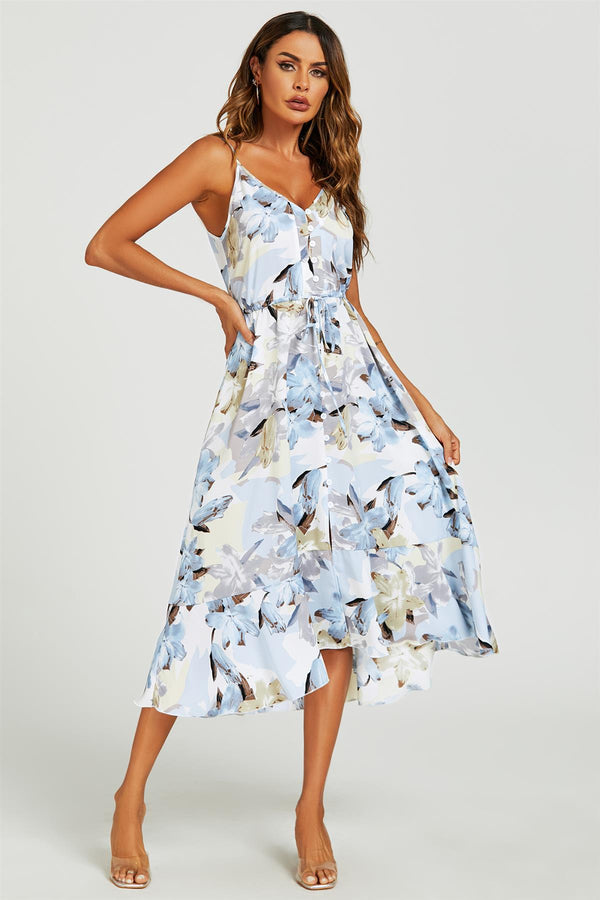 Floral Print Button Down High Low Strappy Dress In Blue