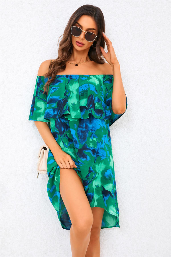 Abstract Floral Print Bardot Frill Off Shoulder Mini Dress In Green