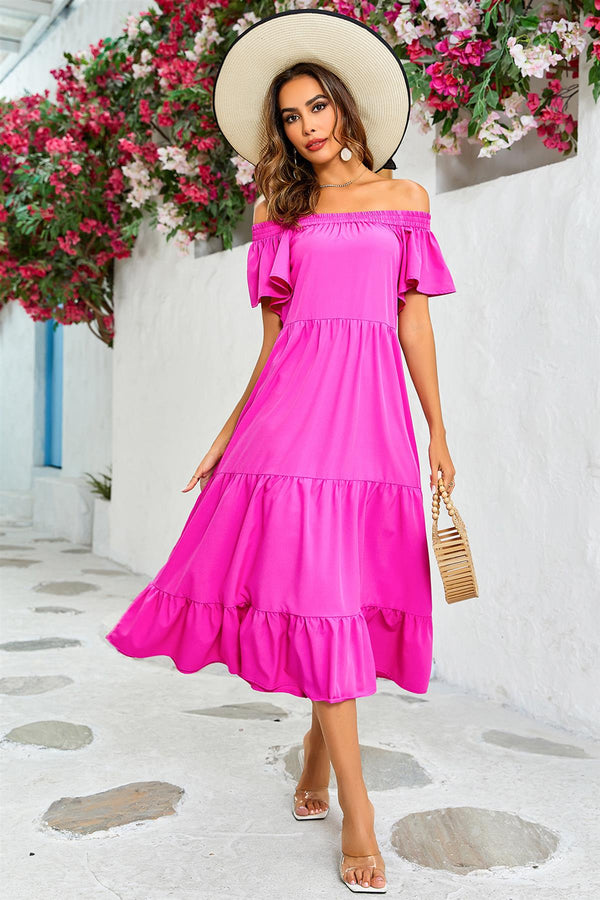 Off Shoulder Bardot Frill Midi Dress In Fuchsia Pink