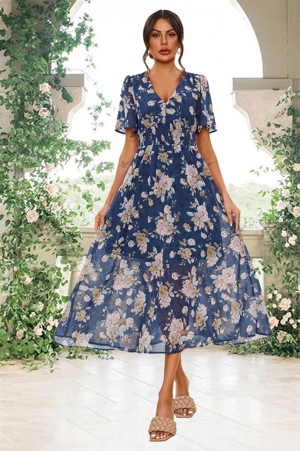 Floral Print Angel Sleeve Maxi Dress In Blue