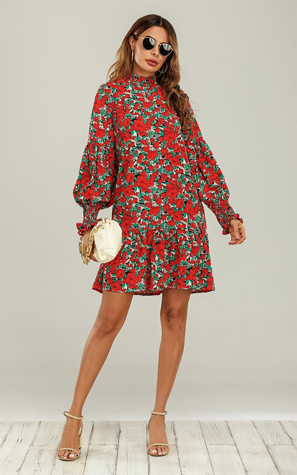 Frill Detail High Neck Shift Dress In Red & Green Floral