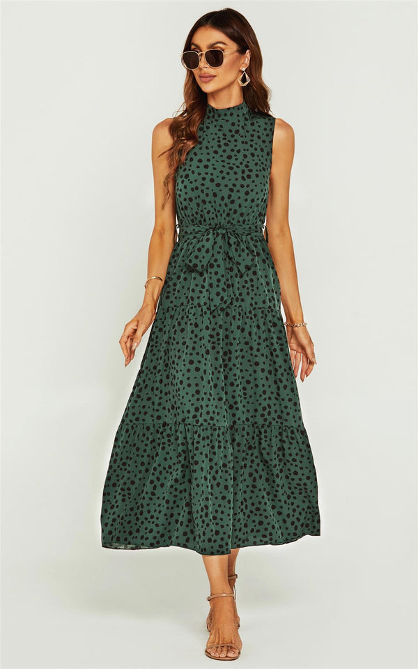 Halter Neck Maxi Layer Dress In Green & Black Leopard Print