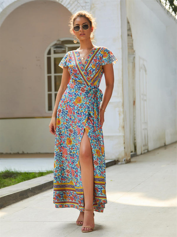 Bohemian Style Wrap Maxi Dress In Mint & Orange Floral Print