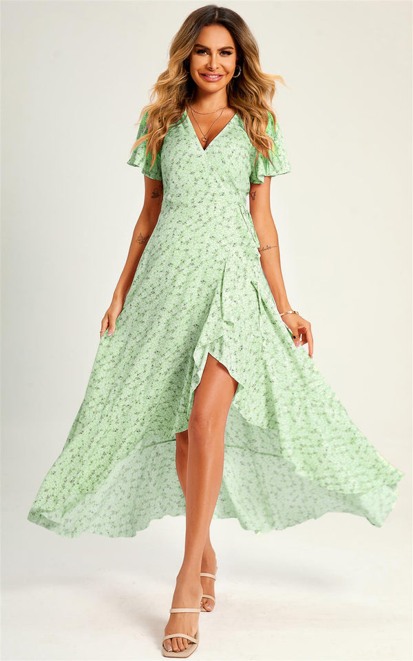 Summer Floral Print Hem Wrap Midi Dress In Mint Green