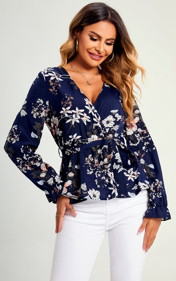 Flora Print Long Sleeve V Neck Top/Blouse In Navy