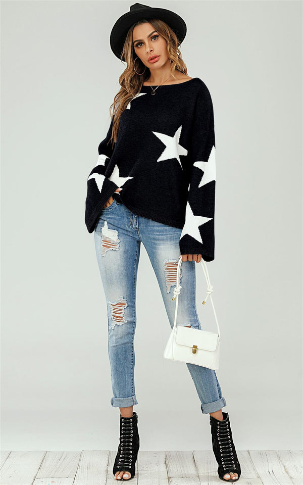 Schwarzer Oversize-Pullover mit weitem Ärmel und weißem Stern