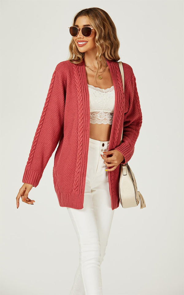 Midi Cable Knit Cardigan in Rusty Red