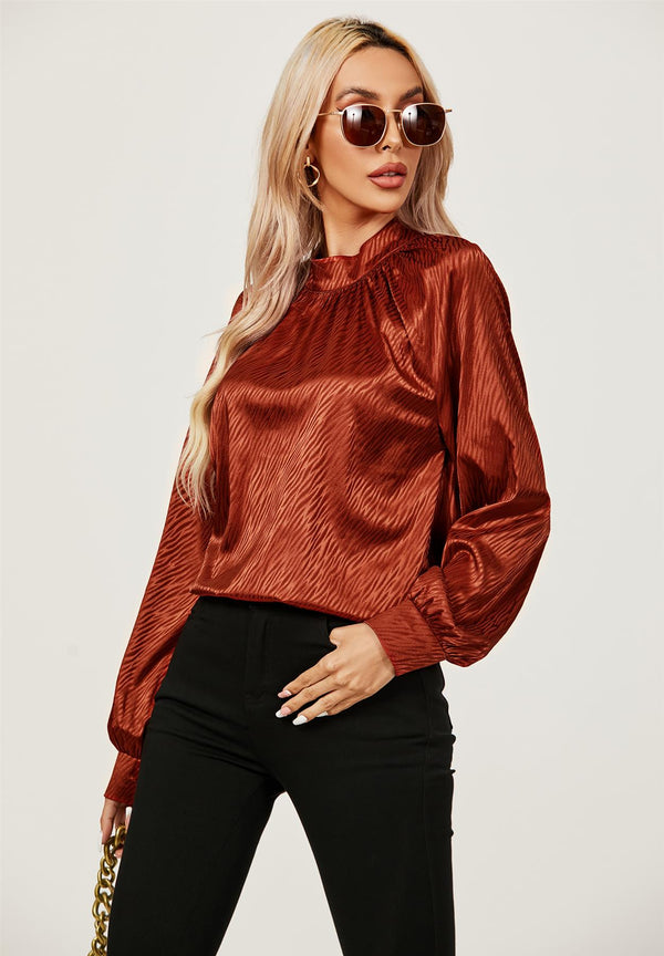 Halter Neck Satin Long Sleeve Blouse Top In Copper Red