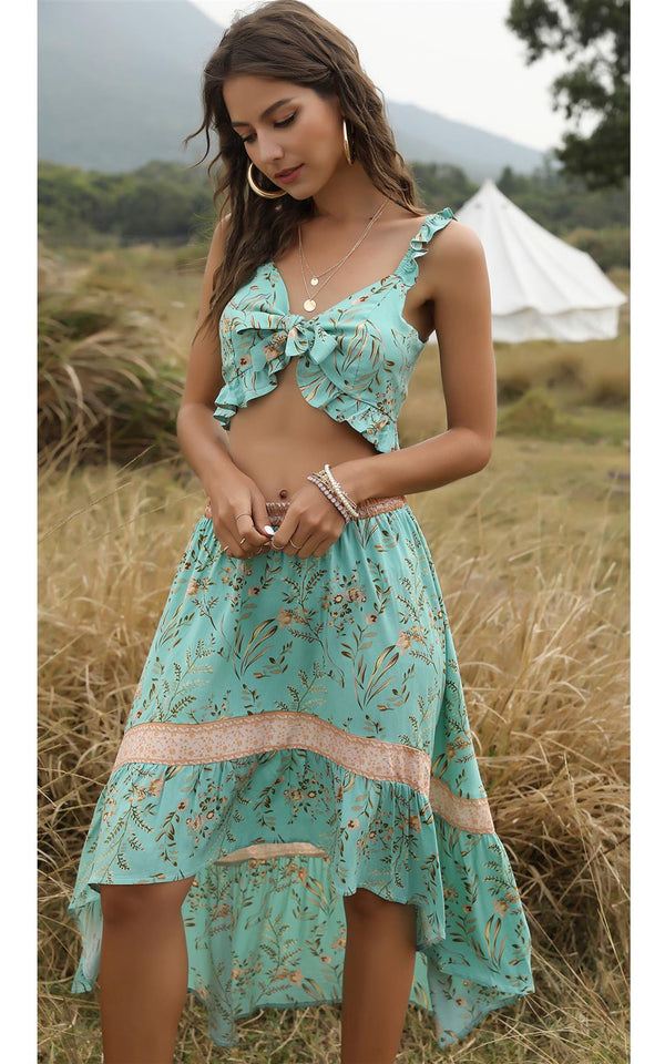 Two Piece Co Ord Skirt And Summer Bralet Top In Mint Green Print