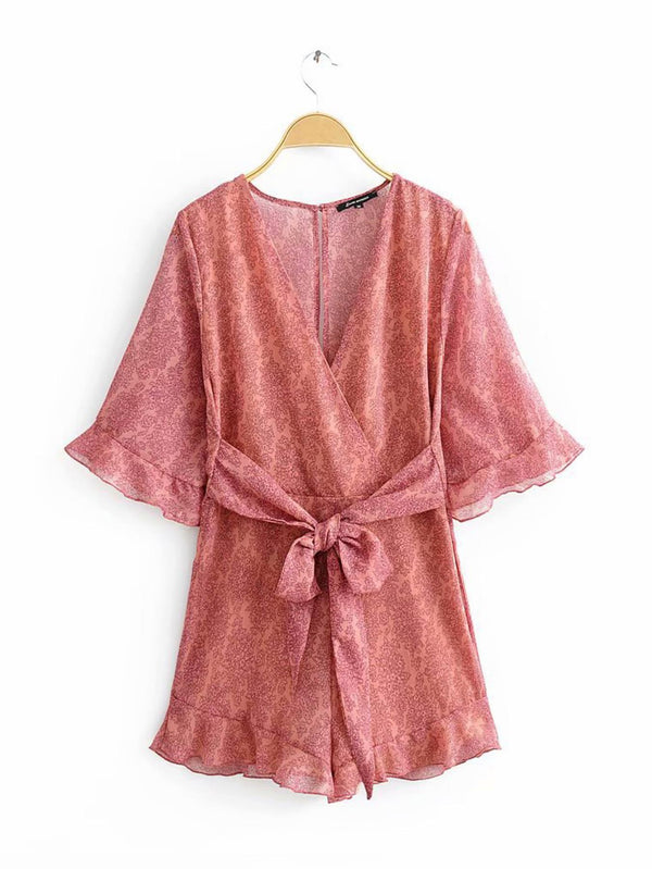 V Neck & Back Detail Playsuit In Peach With Floral Print