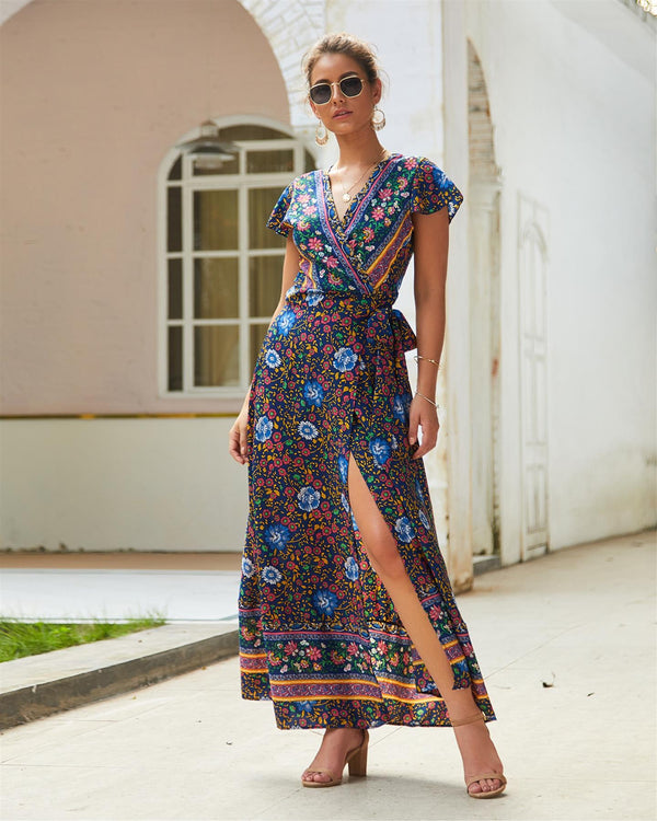 Bohemian Style Wrap Maxi Dress In Navy & Yellow & Green Floral Print