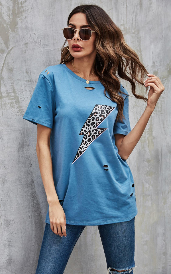 Leopard Super Bold Bolt Print T Shirt Top In Blue