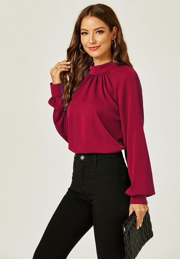 Halter Neck Long Sleeve Blouse Top In Wine Red