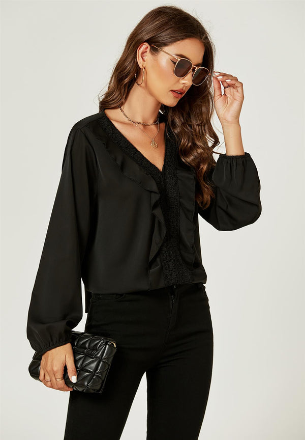 Lace Frill Detail Blouse Top In Black
