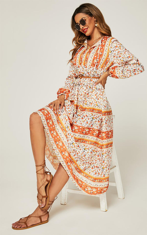 Relaxed Block Color Floral Printed Midi Dress In Orange
