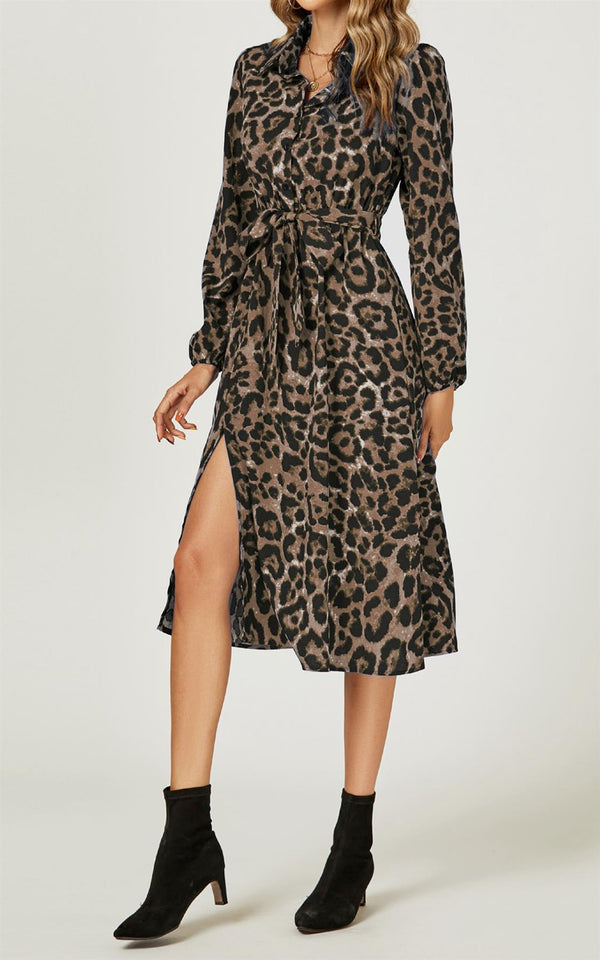 Leopard Print Split Leg Midi Shirt Dress In Brown