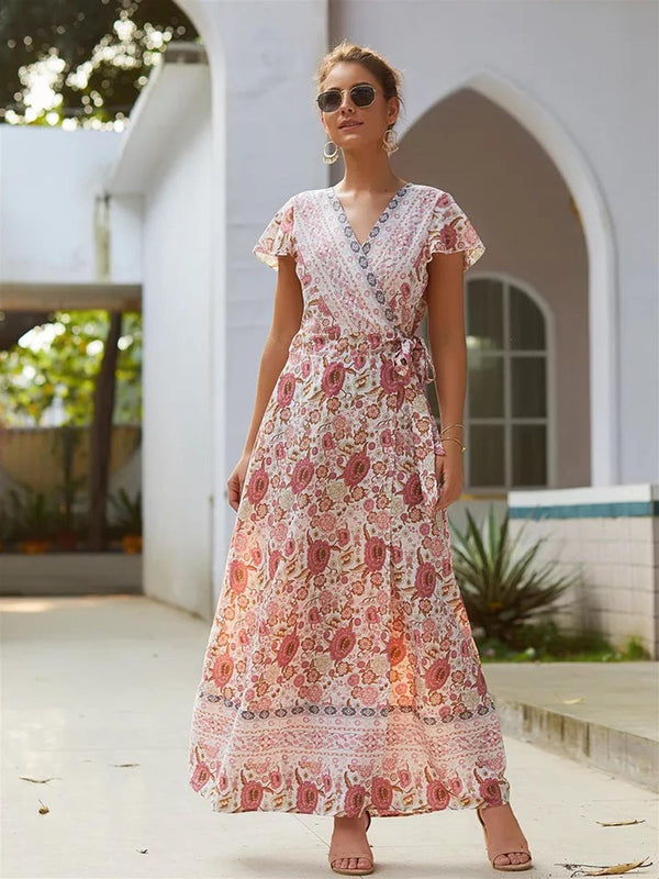 Bohemian Style Wrap Maxi Dress In Peach & Cream Mix Floral Print