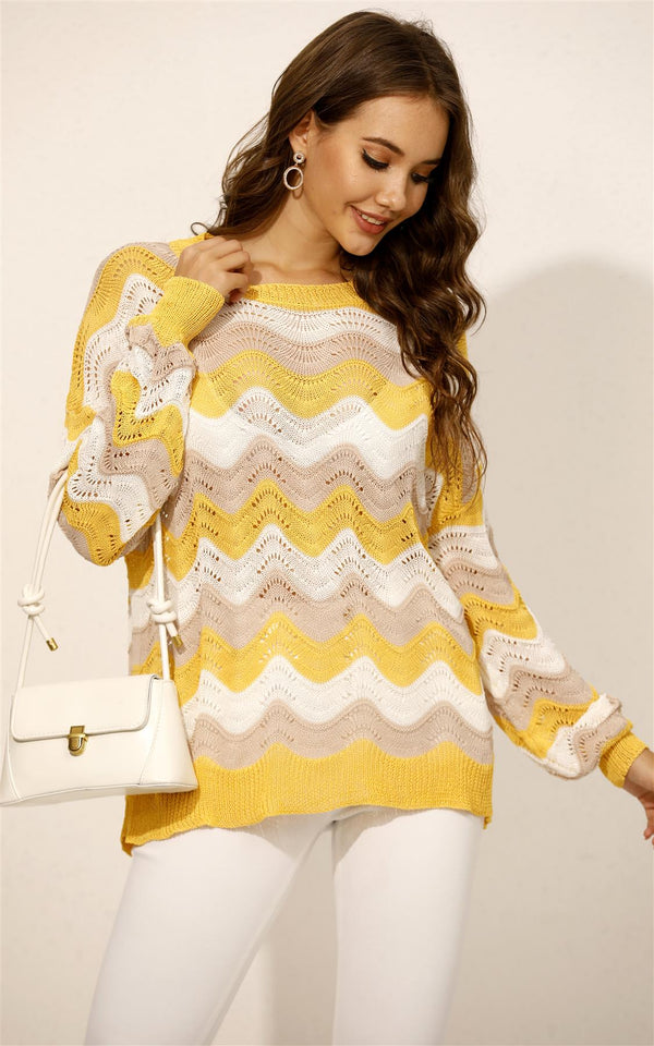 Gewebter Pullover mit Streifen in Gelb-Weiß