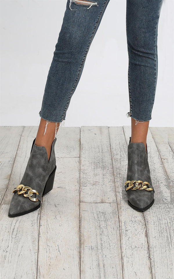 Block Heel Pointed Toe Chain Detail Ankle Boots In Grey